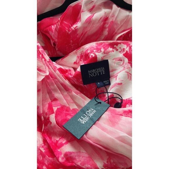 Marchesa one shoulder printed chiffon pleated dress pink US8 - Picture 8 of 10